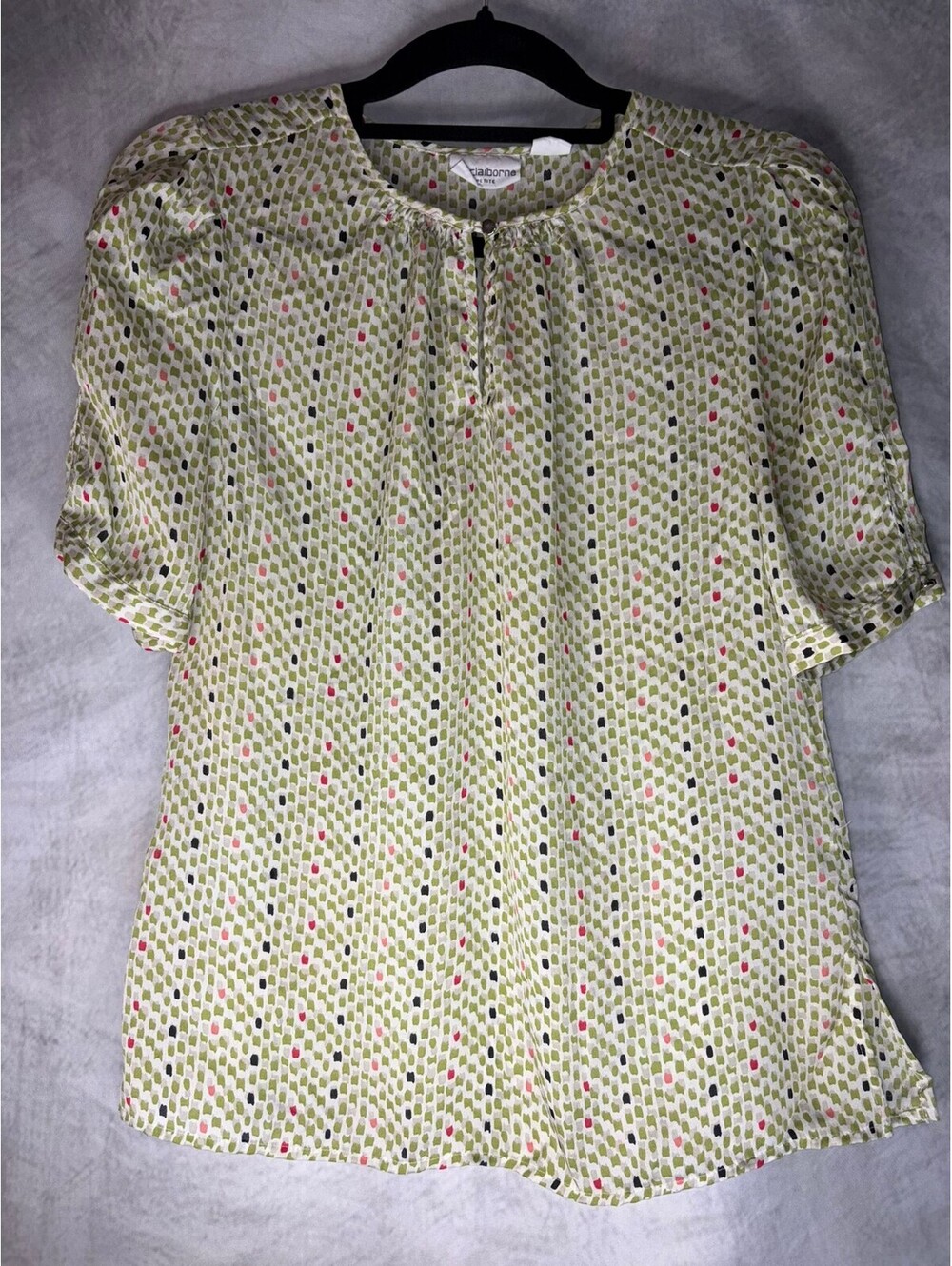 Liz Claiborne Petite Women's Printed Peasant Blouse Green White Size PM